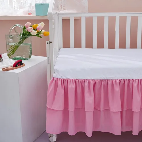 Vista 3 de JSD Falda de cama rosa para cuna de 14 pulgadas, caída profunda, con volantes de doble capa, de microfibra, para guardería, para bebés y niñas Rosa