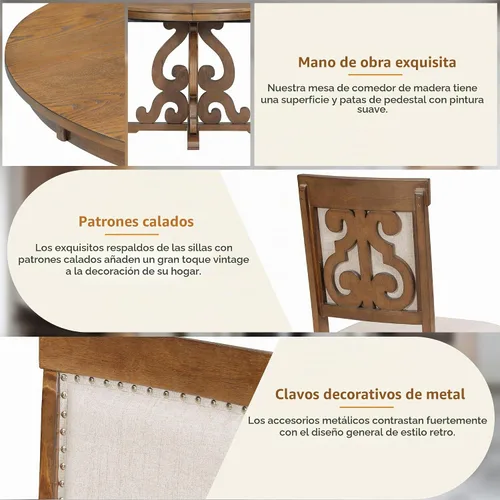 Vista 7 de VilroCaz Juego de comedor funcional retro de 5 piezas, mesa de comedor extensible de madera maciza con una hoja de 16 pulgadas y 4 sillas tapizadas