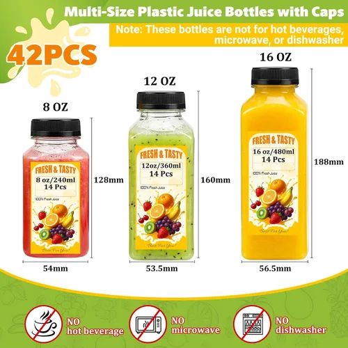 Vista 2 de 42 botellas de jugo de plástico con tapas a prueba de manipulaciones 16oz 16/12/8oz