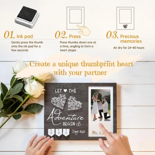 Vista 3 de Regalos de compromiso para pareja, Marco de fotos con huella dactilar de corazón para cuenta regresiva de boda y kit de tinta, Regalo para futura