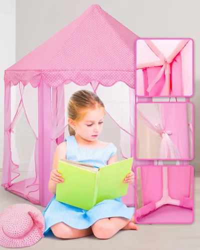 Vista 3 de wilwolfer tienda de campaña tipo castillo de princesa para niñas, tienda de campaña hexagonal grande para jugar, casa de juegos con luces de Rosa