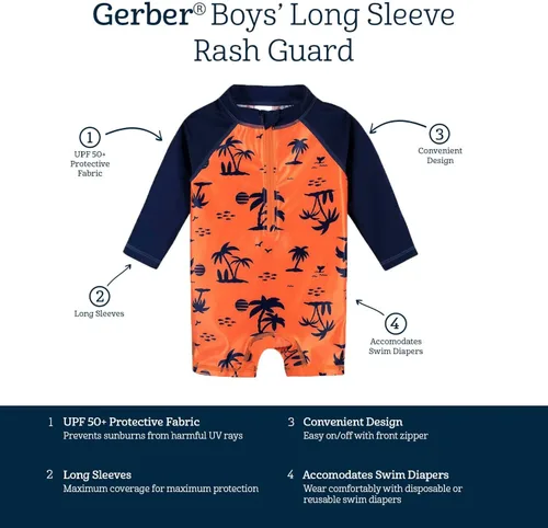 Vista 4 de Gerber Boys' Toddler Long Sleeve One Piece Sun Protection Rashguard Swimsuit