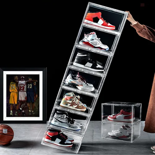 Vista 6 de Paquete de 9 cajas de zapatos transparentes apilables de plástico para tenis, organizador de zapatos abierto lateral magnético y estuche