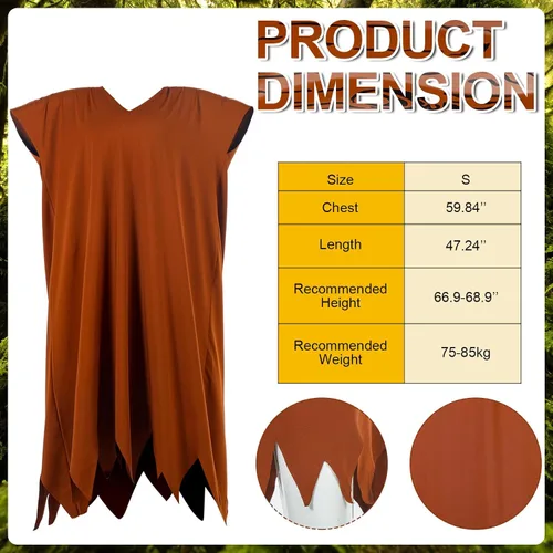 Vista 3 de Panitay 4 piezas de disfraces de hombre de la cueva para adultos, disfraz retro de cosplay, túnica marrón, auténticos y divertidos pies desnudos