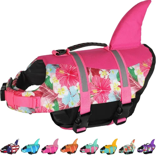 Vista 9 de Dogcheer - Chaleco salvavidas para perros, lindo diseño de tiburón para natación y navegación con flotabilidad superior y asa de rescate, chaleco