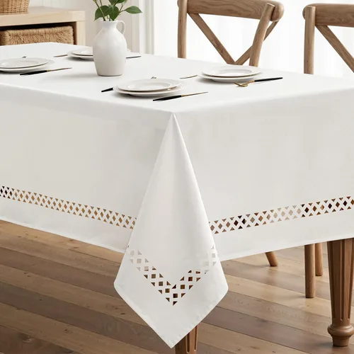 Vista 24 de MIULEE Mantel redondo de poliéster de lino beige con recortes decorativos, impermeable, resistente a las manchas y al encogimiento, 60 x 60