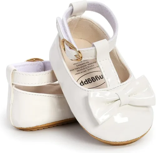 Vista 5 de QWZban Zapatos planos Mary Jane para bebés y niñas con Bownot, suela suave, suela suave, piel sintética, recién nacidos, primeros pasos, para fiesta