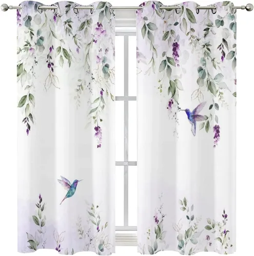 Vista 8 de Cortinas abstractas de eucalipto y colibrí, cortinas opacas con aislamiento térmico y ojales para dormitorio, 2 paneles de 45 pulgadas de largo x 21
