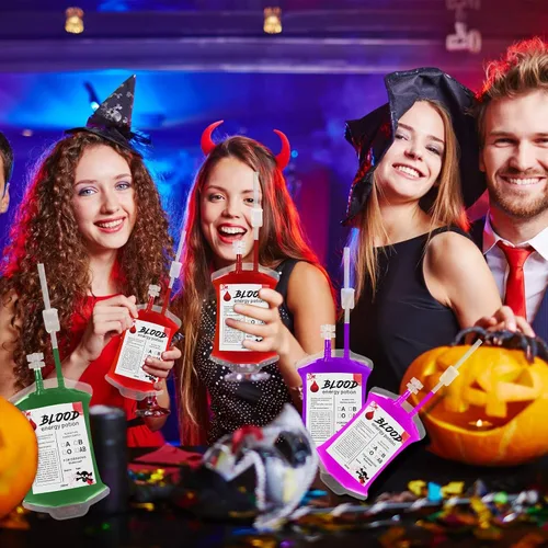 Vista 2 de 100 bolsas desechables grandes de 16 pulgadas, 10 bolsas de sangre de Halloween para bebidas