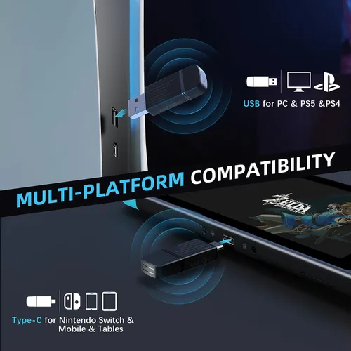 Vista 5 de Tatybo Auriculares inalámbricos para juegos para PC, PS5, PS4, Switch, Mac, auriculares USB de 2.4 Ghz con micrófono, modo con cable de 0.138 in