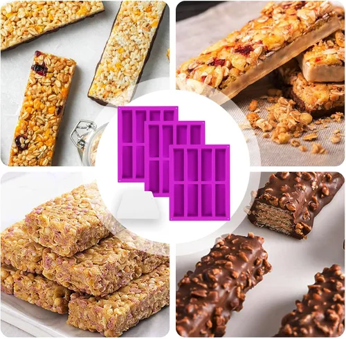 Vista 5 de Paquete de 3 moldes de barra de granola de silicona de 8 cavidades, molde rectangular de barra de proteínas de silicona para hornear barra