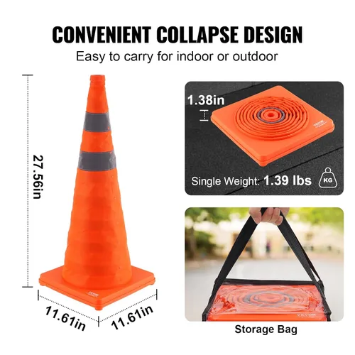 Vista 3 de VEVOR Conos de seguridad, paquete de 4 conos de tráfico plegables de 28 pulgadas, conos de construcción con collares reflectantes, base ancha y una