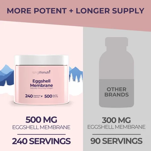 Vista 9 de LongLifeNutri Eggshell Membrane 500mg - Suplemento orgánico NEM para la función articular y comodidad, 240 cápsulas vegetarianas, suministro para 8