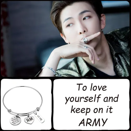 Vista 6 de LACAKU - Pulsera para niño, Kpop, BTS, Bangtan, dijes con textos en inglés, amarte a ti mismo, A.R.M.Y, regalo de joyería para niños, acero