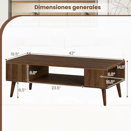 Vista 2 de Giantex Mesa auxiliar moderna de mediados de siglo, mesa central rectangular de 42 pulgadas con 2 estantes de almacenamiento y compartimento