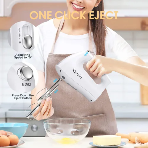 Vista 6 de Vezzio - Batidora de mano eléctrica, batidora de mano de cocina de 5 velocidades con botón de expulsión, 5 accesorios de acero inoxidable