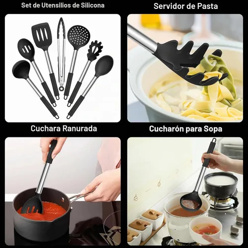 Vista 3 de E-far Juego de utensilios de cocina de silicona, 7 piezas de utensilios de cocina resistentes al calor con mango de acero inoxidable, espátula