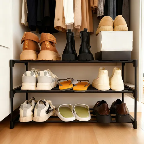 Vista 4 de Organizador de zapatos, estante de almacenamiento de zapatos reversible de metal de 3 niveles que ahorra espacio, para entrada, armario, puerta