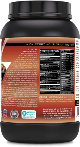 Vista 2 de Amazing Muscle - Polvo aislado y concentrado de proteína de suero 0.88 oz de proteína por porción, sin OMG, sin gluten (2 libras, avellana)