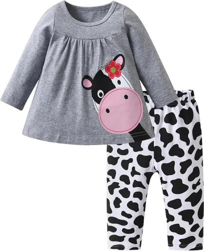 Vista 11 de Conjunto de ropa de bebé niña 2 piezas de manga larga con patrón de dibujos animados trajes infantiles Gris