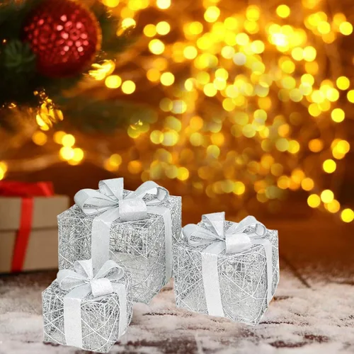 Vista 5 de Juego de 3 cajas de regalo iluminadas de Navidad, cajas de regalo iluminadas de Navidad con lazo, cajas de regalo preiluminadas, cajas de Navidad