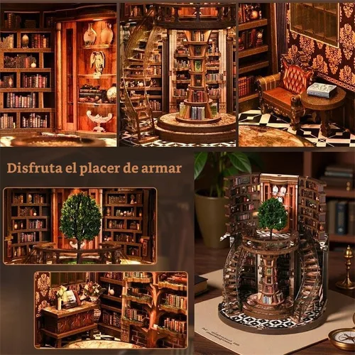 Vista 5 de Juego de anillos de sabiduría para adultos, kit de rincón de libros de madera 3D con luces LED, decoración de biblioteca de rompecabezas
