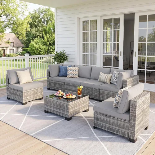 Vista 8 de FHFO 7 Piece Patio Furniture Set, Outdoor Wicker Sectional Sofa Set 1/ Gris Gris Claro