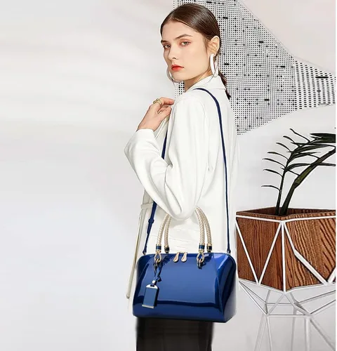 Vista 3 de Bolsos de cuero de charol brillante para mujer, bolso con asa superior, bolso elegante, bolso de mano mediano, bolso de hombro