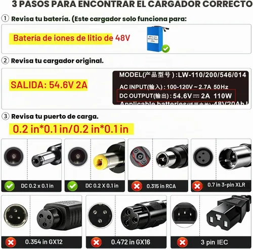 Vista 3 de Cargador eléctrico de 54.6V 2A para carga rápida y segura de 48v de batería de iones de litio 13S