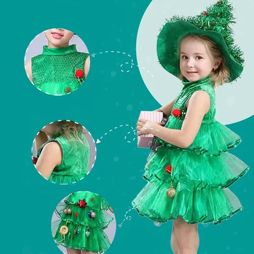 Vista 5 de Gamivast Kids Girls Christmas Tree Costume Ruffle Layered Dress Cute Cosplay Costumes Xmas Dress + Hat 2 Piece Outfit Sets