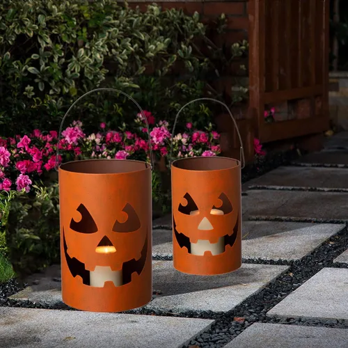 Vista 2 de Glitzhome GH20040 - Portavelas de Halloween Jack O Lantern, decoración de cubo, 11.02 pies de alto, juego de 2