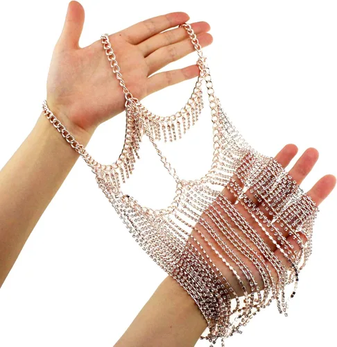 Vista 6 de Tipmant Máscara facial sexy para mujer, cadena con colgante de cristal para fiestas, baile, baile del vientre, escenario, cosplay, metal, dorado