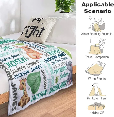 Vista 3 de Artsadd Manta personalizada con nombre, manta personalizada de animales de la selva, manta personalizada de safari para niños, niñas, baby shower