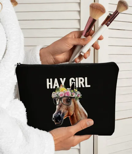 Vista 2 de BARPER Bolsa de maquillaje Hey Girl Horse con gafas de sol Hey Farm Flowers bolsa cosmética bolsa de maquillaje mejor idea de regalo para amantes