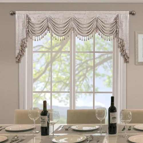 Vista 43 de Loom and Mill Cenefa de cascada de lujo de jacquard para sala de estar, elegantes cenefas de ventana con festones y cuentas damascadas, cortinas