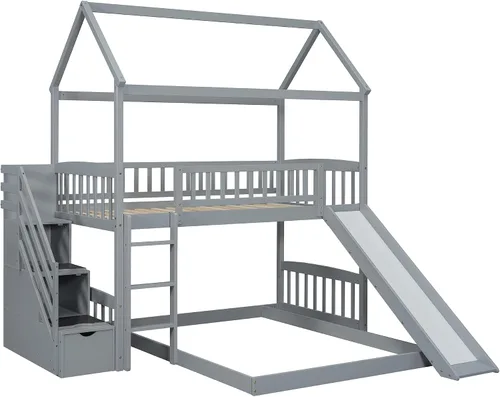 Vista 6 de Litera individual sobre cama matrimonial con tobogán, litera de madera con techo y escalera, color gris