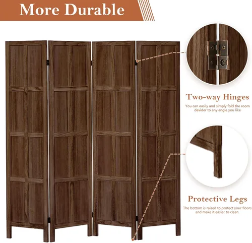 Vista 3 de Divisor de habitación de madera, pantalla de privacidad plegable de 4 paneles, partición clásica de madera para interiores de 5.6 pies, divisor