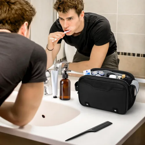 Vista 7 de Bolsa de aseo Wedama para hombres, bolsa de aseo colgante de viaje para viajes de negocios, natación, camping, Negro, M, Classic