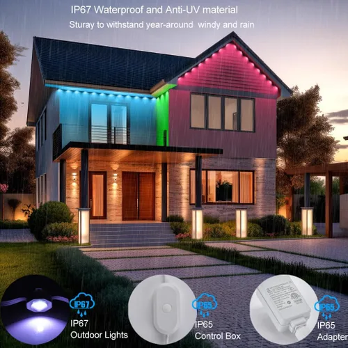 Vista 5 de Rosykite Luces de Navidad al Aire Libre - 50 pies de luces inteligentes RGB+IC para canalones con 63 escenas, impermeables IP67, control de voz