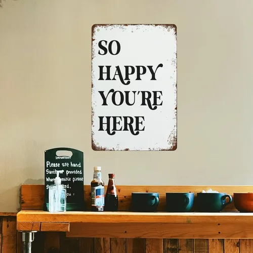 Vista 8 de So Happy You're Here - Impresión artística con cita inspiradora con cita de feliz pared, arte de pared de cuidado personal, retro, letrero de metal