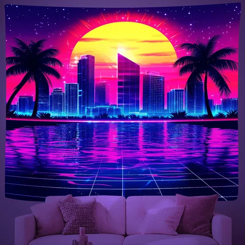 Vista 3 de Zpryzmia Blacklight Retro Synthwave Tapestry, UV Reactive Neon Punk City Tapestries Wall Hanging Black Lights Posters Starry Sky Sun Palm Trees