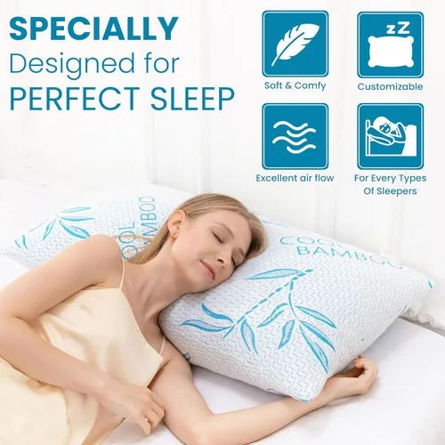 Vista 4 de Paquete de 2 almohadas de rayón de tamaño estándar derivadas de bambú para dormir, almohada de cama ajustable de espuma viscoelástica triturada