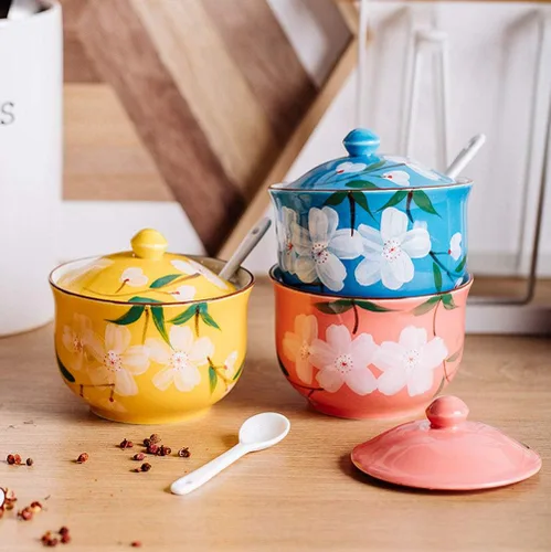 Vista 5 de Pintado a mano flor cerámica condimento tarro condimento olla azucarero con tapa y cuchara-azul