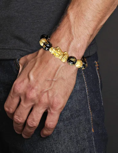 Vista 4 de RIOSO Feng Shui - Pulseras de buena suerte para hombres y mujeres con cuentas de obsidiana y dragón de la suerte, pulsera Pixiu Pi Yao atrae riqueza