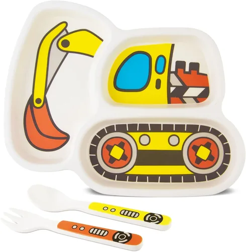 Vista 8 de Juego de platos para niños, incluye tenedor y cuchara, juego de 3 piezas, platos para niños pequeños, juego de platos divididos para alimentación