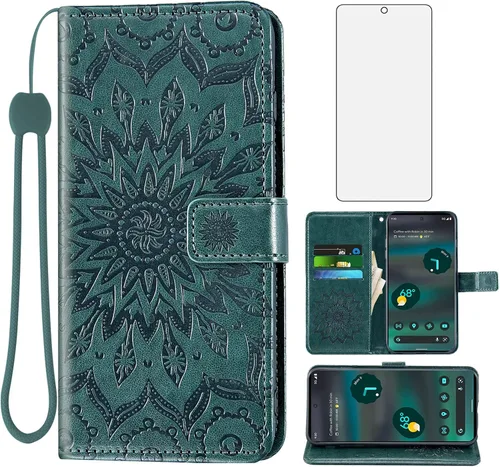 Vista 12 de Asuwish Funda de teléfono para Google Pixel 6A 5G 2022 con protector de pantalla de vidrio templado y piel de girasol, funda delgada con tapa