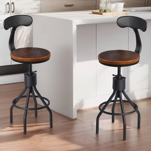 Vista 6 de Juego de 2 taburetes de bar industriales con respaldo de 23 a 33 pulgadas, asiento giratorio de madera, isla de cocina, comedor, taburete