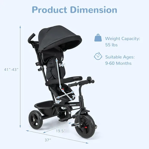 Vista 5 de INFANS Triciclo para Niños, Triciclo de Bebé 6 en 1 Bicicleta para Niños Pequeños con Asiento Reversible, Mango de Empuje Ajustable, Control