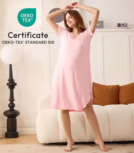 Vista 4 de NACHILA Camisones para mujer, viscosa hecha de bambú, cuello en V, manga corta, ropa de dormir fresca