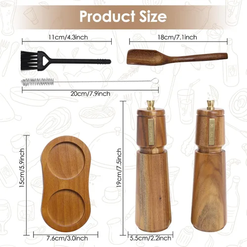 Vista 7 de Juego de molinillo de sal y pimienta de madera, molinillo de pimienta manual de 8 pulgadas Adjustable Coarseness Refillable Ceramic Core Grinder
